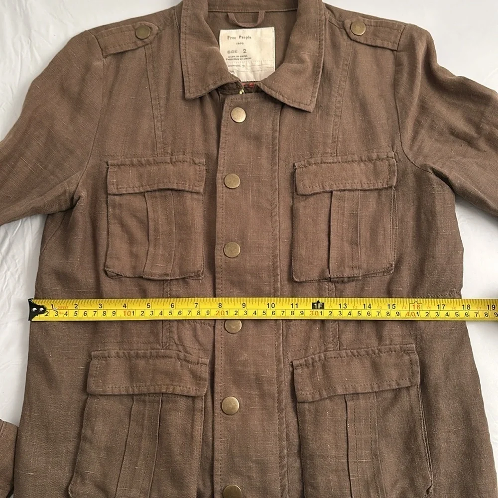 Free People olive Military Platoon linen full zip and snap utility jacket